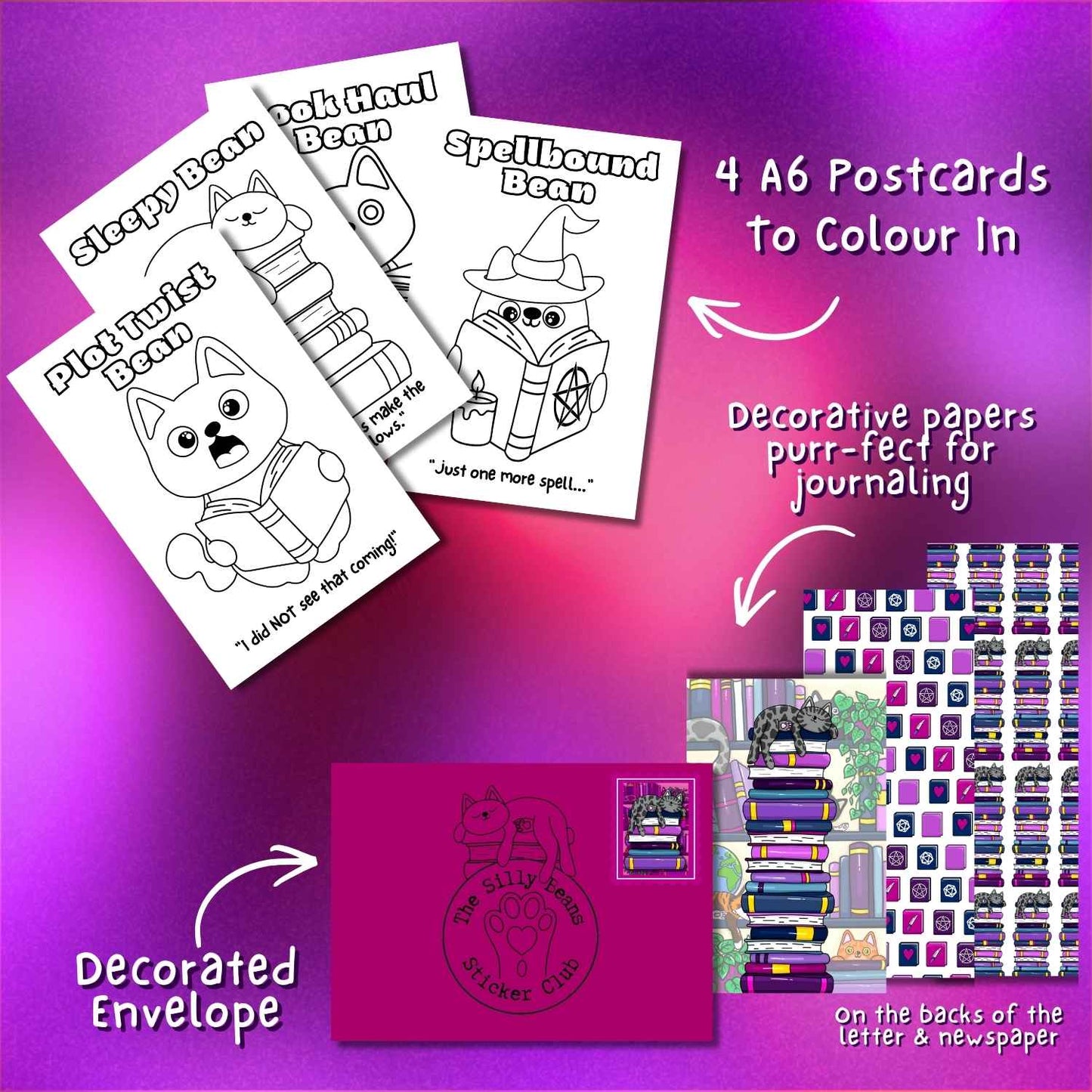 A product collage for a children's coloring and journaling kit on a purple gradient background. It shows four black-and-white printable postcards with cartoon cat illustrations, a decorated pink envelope, colorful paper sheets, and text noting that the postcards are to colour in and the envelopes have sticker clips.