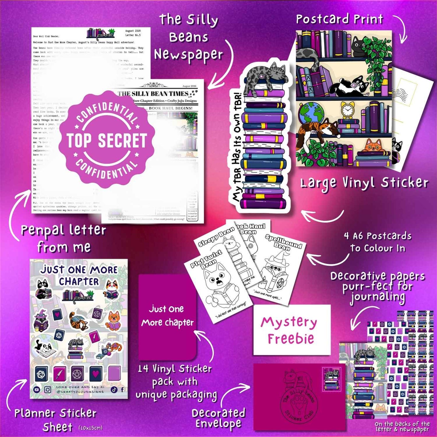 A promotional collage for a book-themed sticker and printable bundle, showing multiple items arranged on a bright pink-purple background with arrows and text labels such as 'The Silly Beans Newspaper,' 'Large Vinyl Sticker,' 'Postcard Print,' 'Penpal letter from me,' 'Mystery Freebie,' and planner/sticker sheet details.