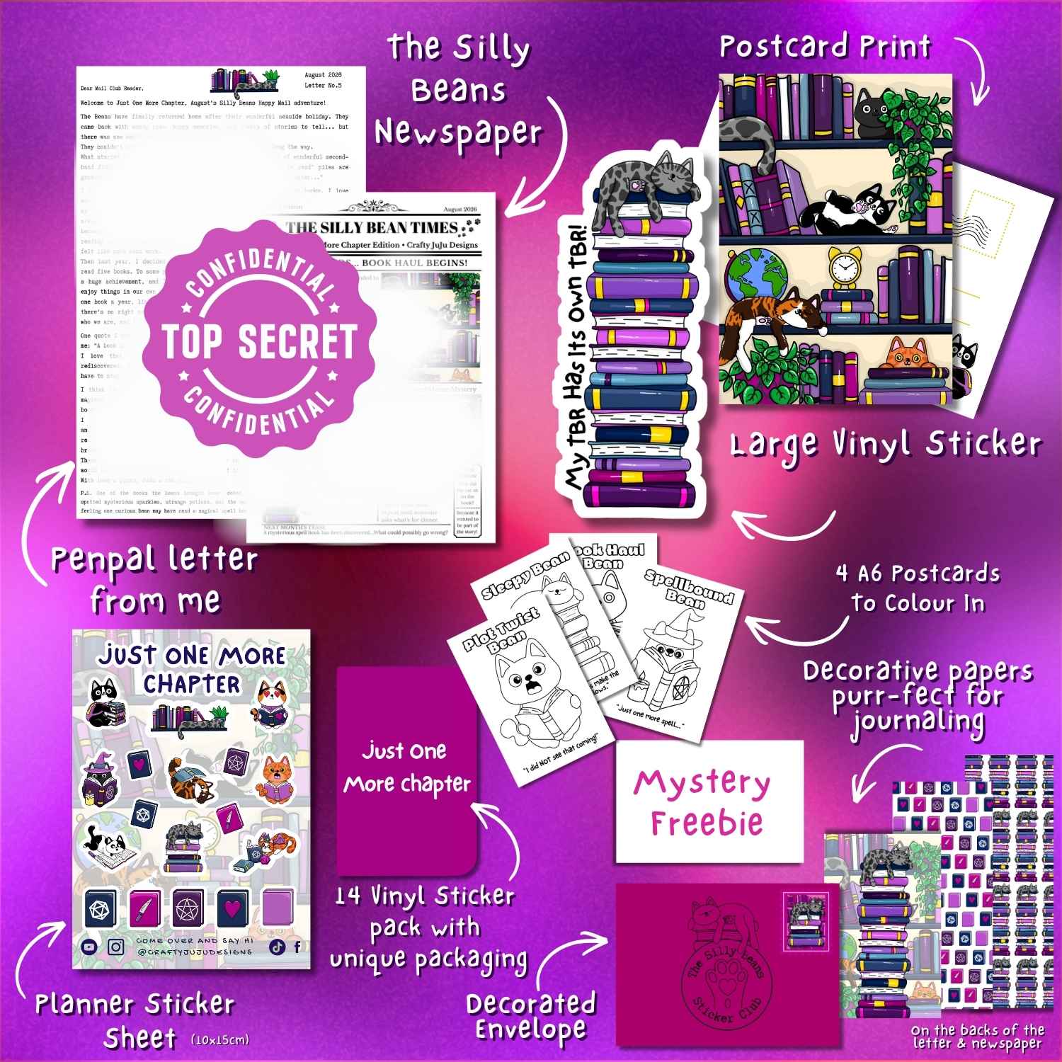 A promotional collage for a book-themed sticker and printable bundle, showing multiple items arranged on a bright pink-purple background with arrows and text labels such as 'The Silly Beans Newspaper,' 'Large Vinyl Sticker,' 'Postcard Print,' 'Penpal letter from me,' 'Mystery Freebie,' and planner/sticker sheet details.
