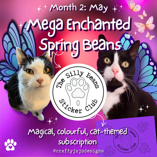 Promotional image for 'Mega Enchanted Spring Beans' sticker club with two cats and colorful butterflies on a purple and pink background.