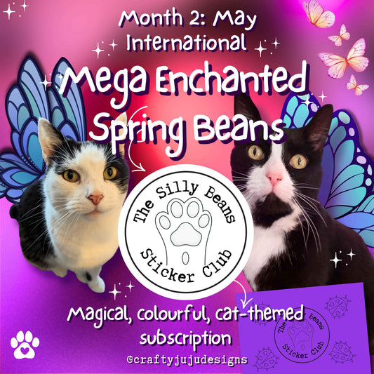 Promotional image for 'Mega Enchanted Spring Beans' sticker club with two cats and butterfly graphics on a purple background.