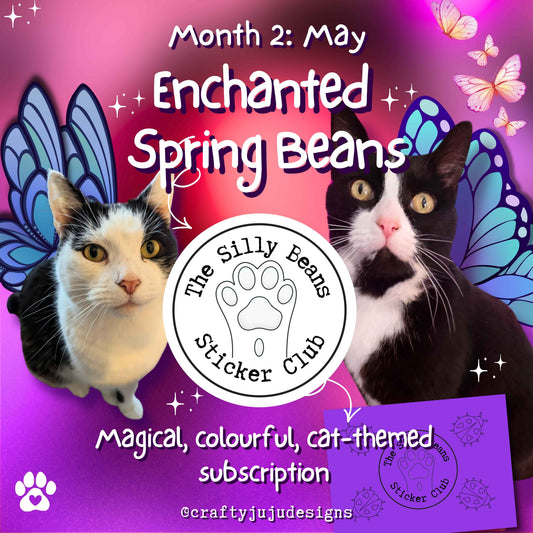 Promotional image for 'Enchanted Spring Beans' cat-themed subscription with two cats and butterfly graphics on a purple background.