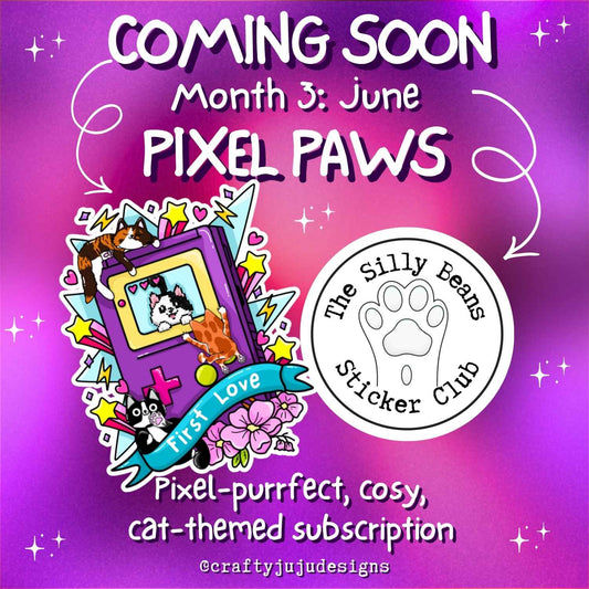 Promotional graphic for 'Pixel Paws' sticker club with cartoon cats and decorative elements on a purple background.