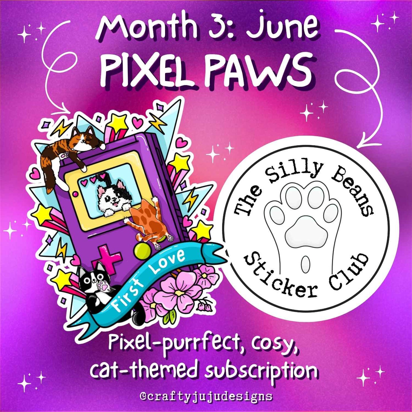Promotional graphic for 'Pixel Paws' sticker club with cartoon cats and decorative elements on a purple background.