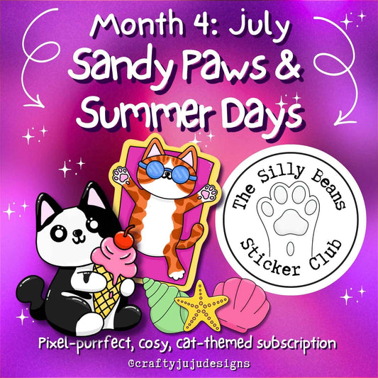 Promotional graphic for 'Sandy Paws & Summer Days' with cartoon cats and 'The Silly Beans Sticker Club' logo on a purple background.