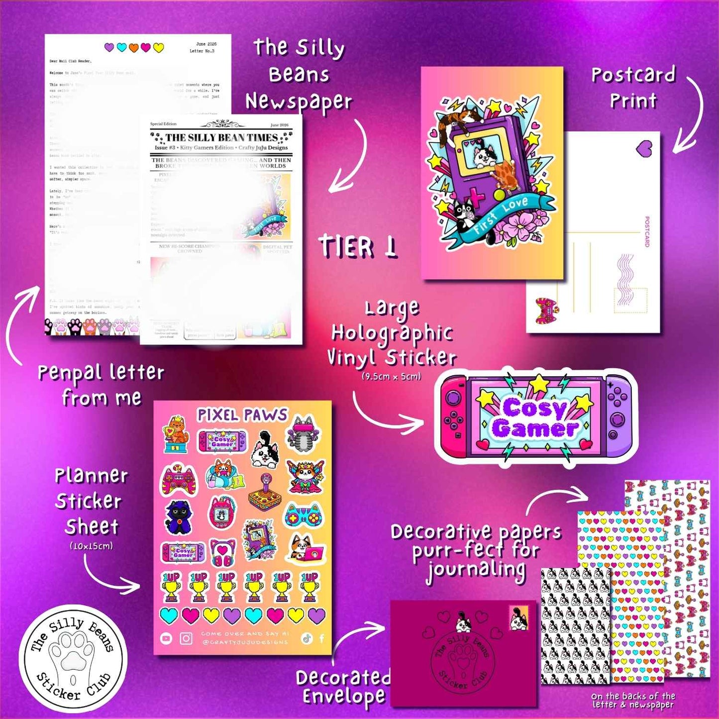 Collection of stationery items with colorful designs on a purple background