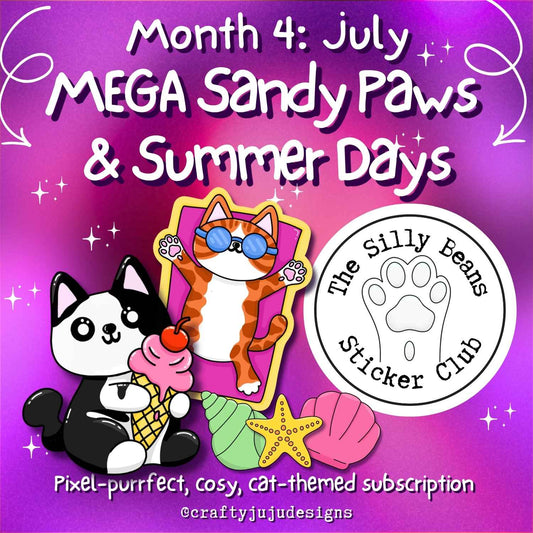 Promotional graphic for 'MEGA Sandy Paws & Summer Days' sticker club with cartoon cats on a purple background.