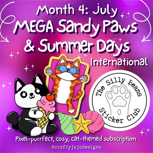 Promotional graphic for 'MEGA Sandy Paws & Summer Days' with cartoon cats on a purple background.