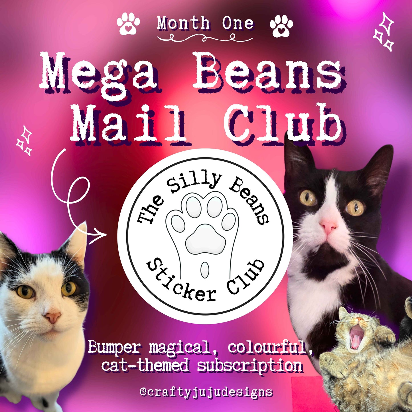 Promotional graphic for Mega Beans Mail Club with cats and colorful background
