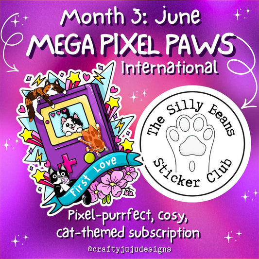 Promotional graphic for The Silly Beans Sticker Club with cat-themed elements on a purple background.