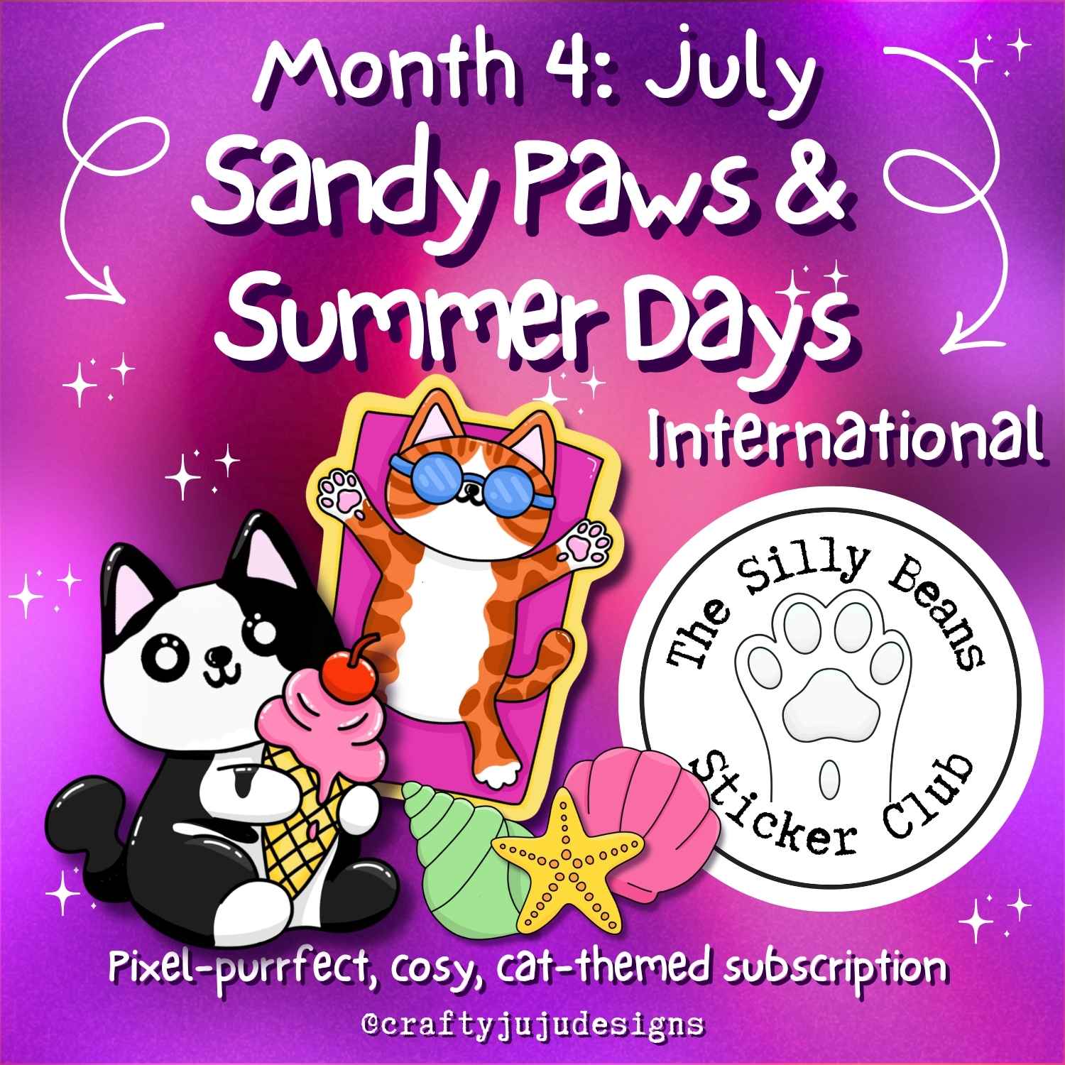 Promotional graphic for 'Sandy Paws & Summer Days' sticker subscription with cartoon cats on a purple background.