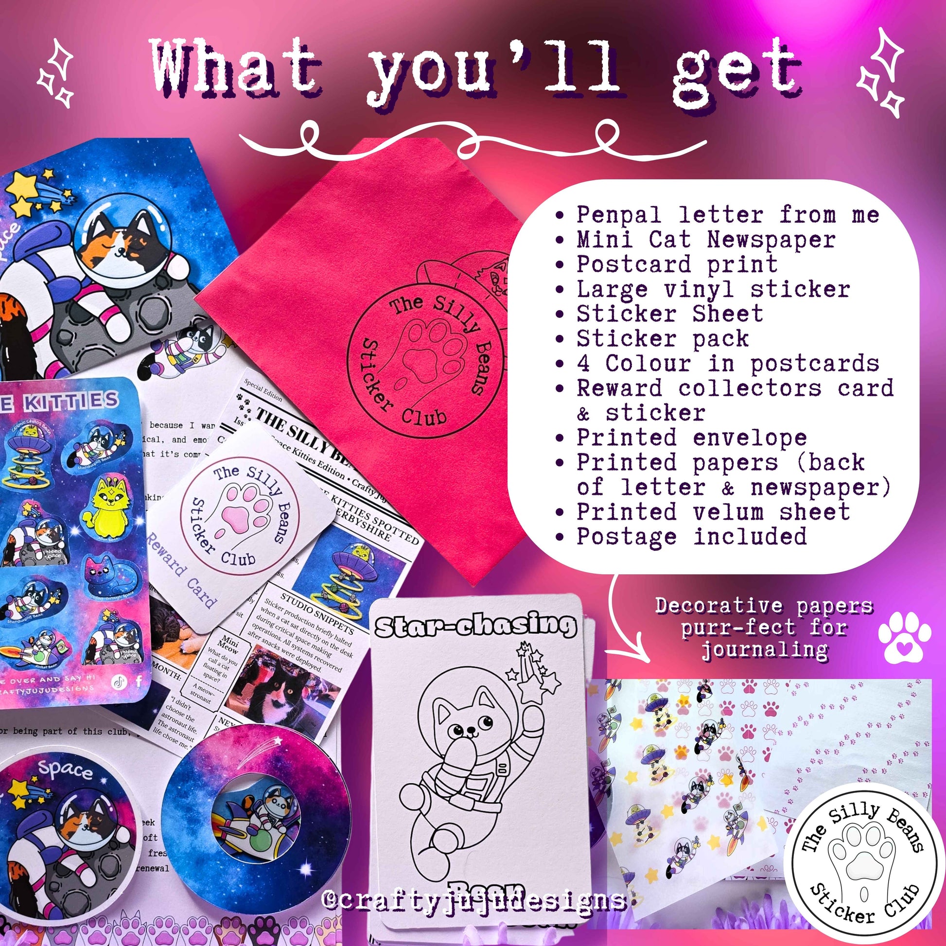 Collection of stationery items from The Silly Sticker Club with promotional text on a pink and purple background.