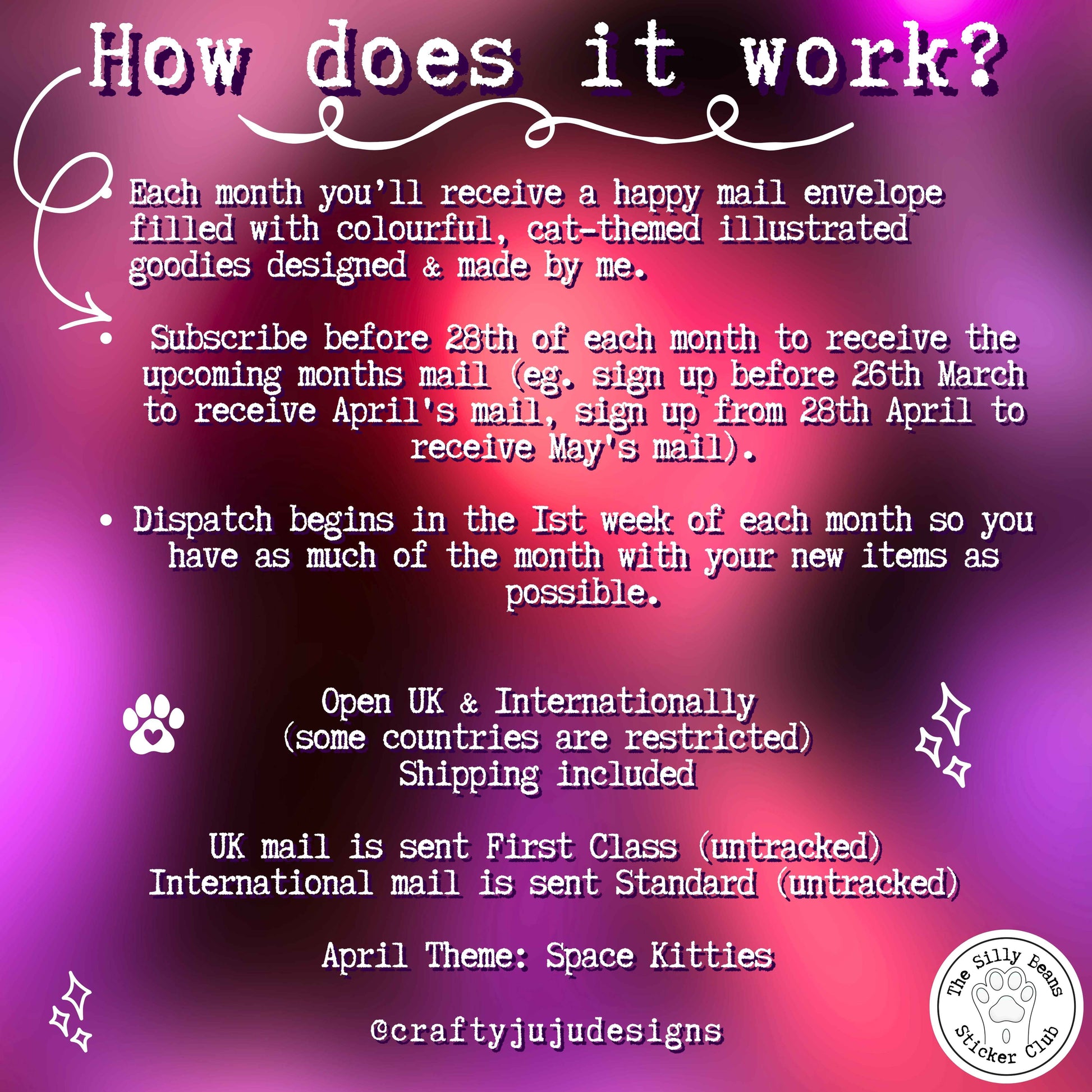 Promotional text about a monthly subscription service with a colorful, cat-themed design on a purple background.