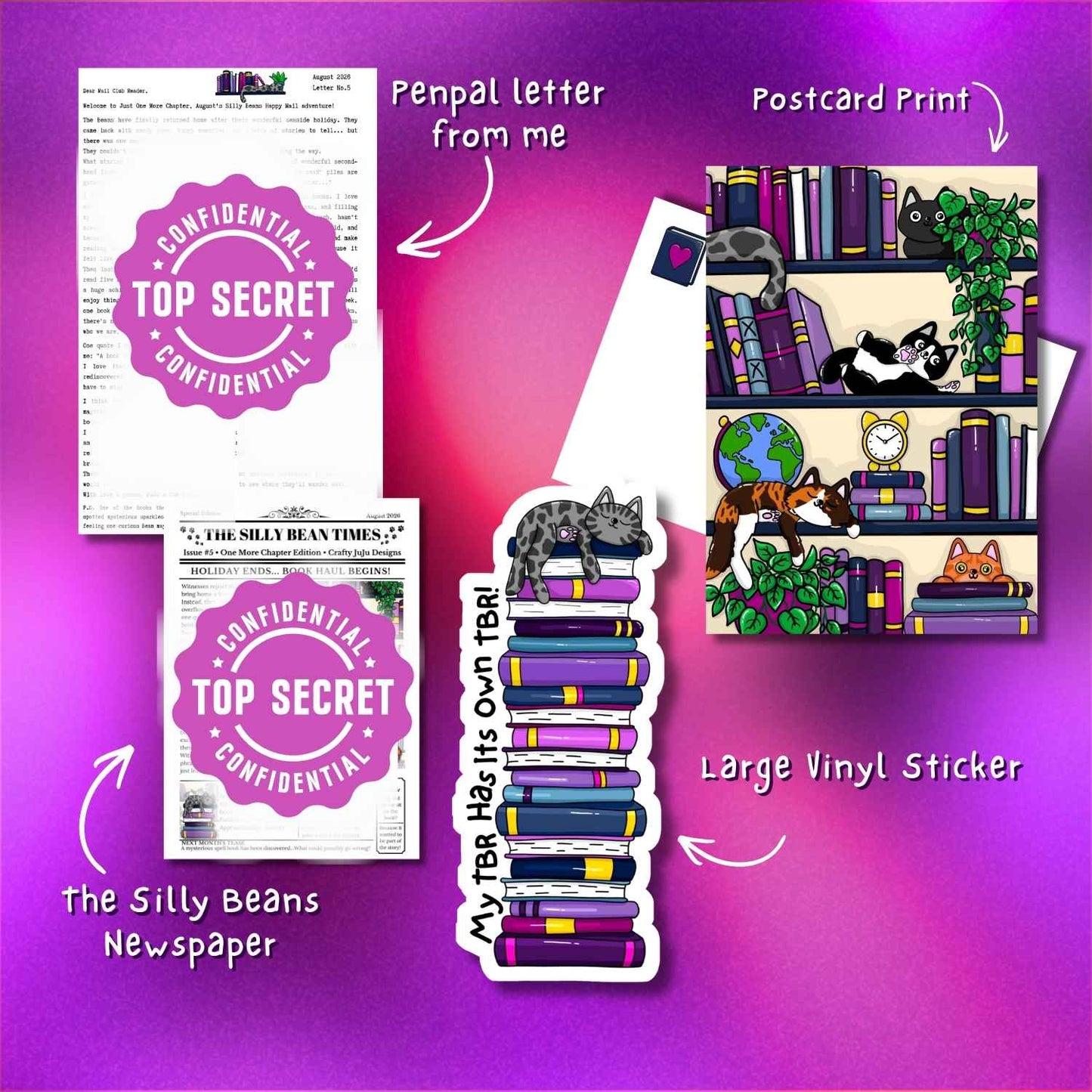 A collage showing several illustrated stationery/sticker designs on a pink-to-purple gradient background, with handwritten-style labels pointing to each item: a penpal letter from me, a postcard print, a large vinyl sticker, and The Silly Beans Newspaper.
