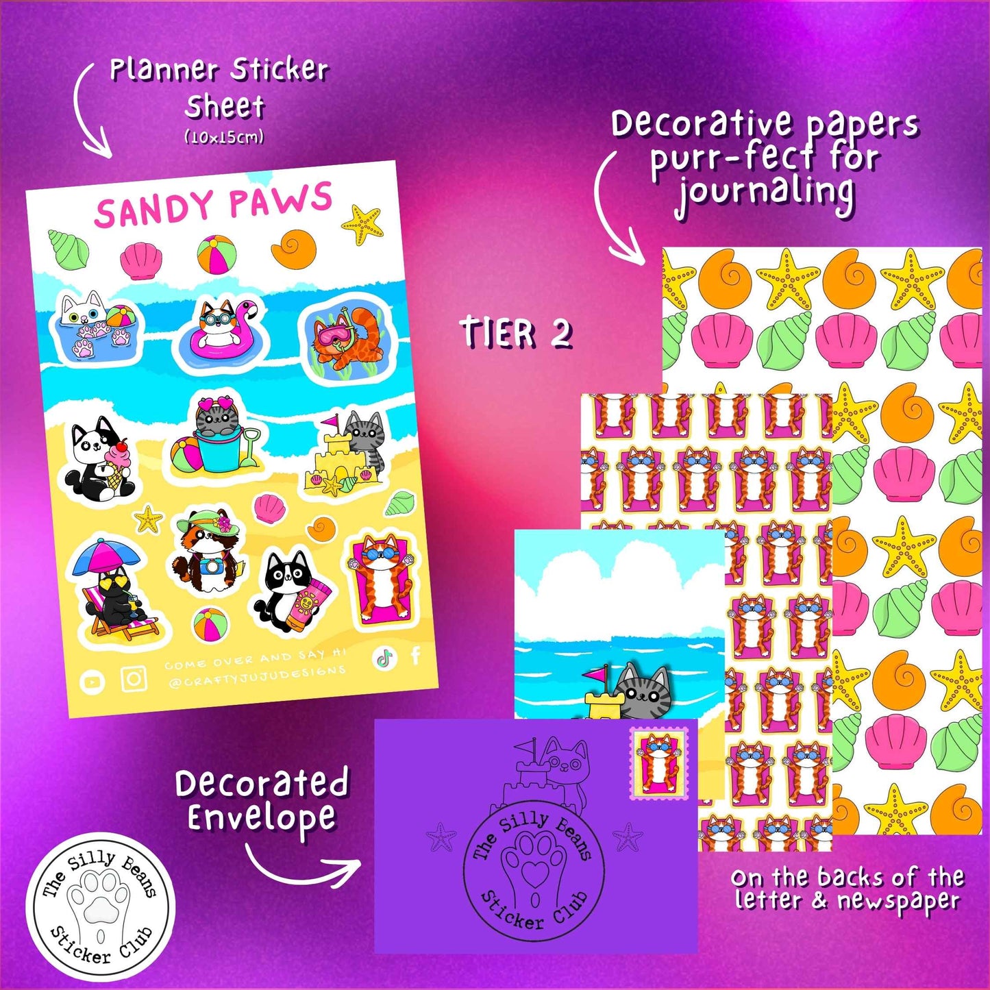 Collection of Sandy Paws planner stickers, decorative papers, and an envelope on a purple gradient background.
