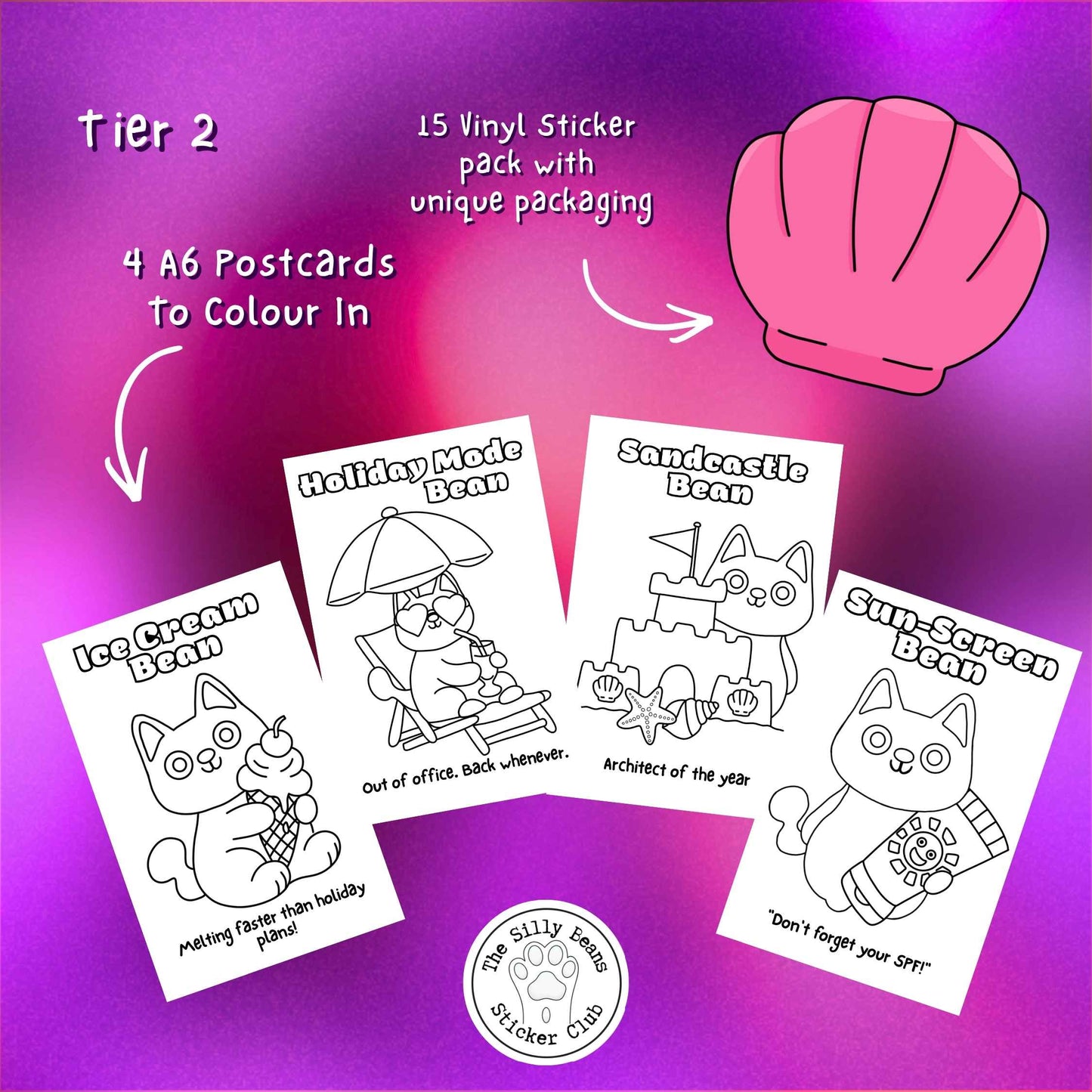 Promotional graphic for a product set with coloring postcards and vinyl stickers on a purple background.
