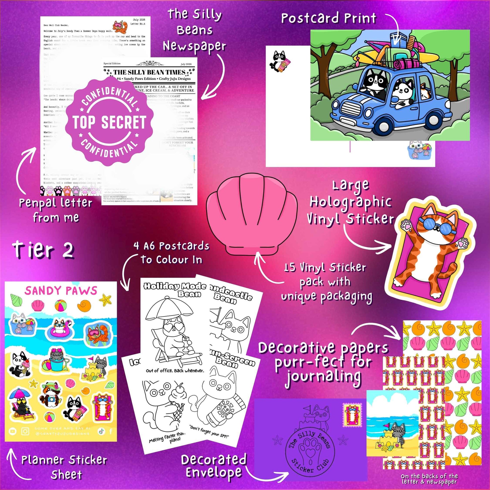 Collection of stationery items with various designs and text on a purple background