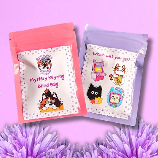 Two sealed mystery keyring blind bags with printed cartoon illustrations are shown on a pink-lilac background with purple flowers at the bottom. One bag is coral pink and the other is light lavender, both with white front labels and text reading 'Mystery Keyring Blind Bag' and 'Which will you get?'.