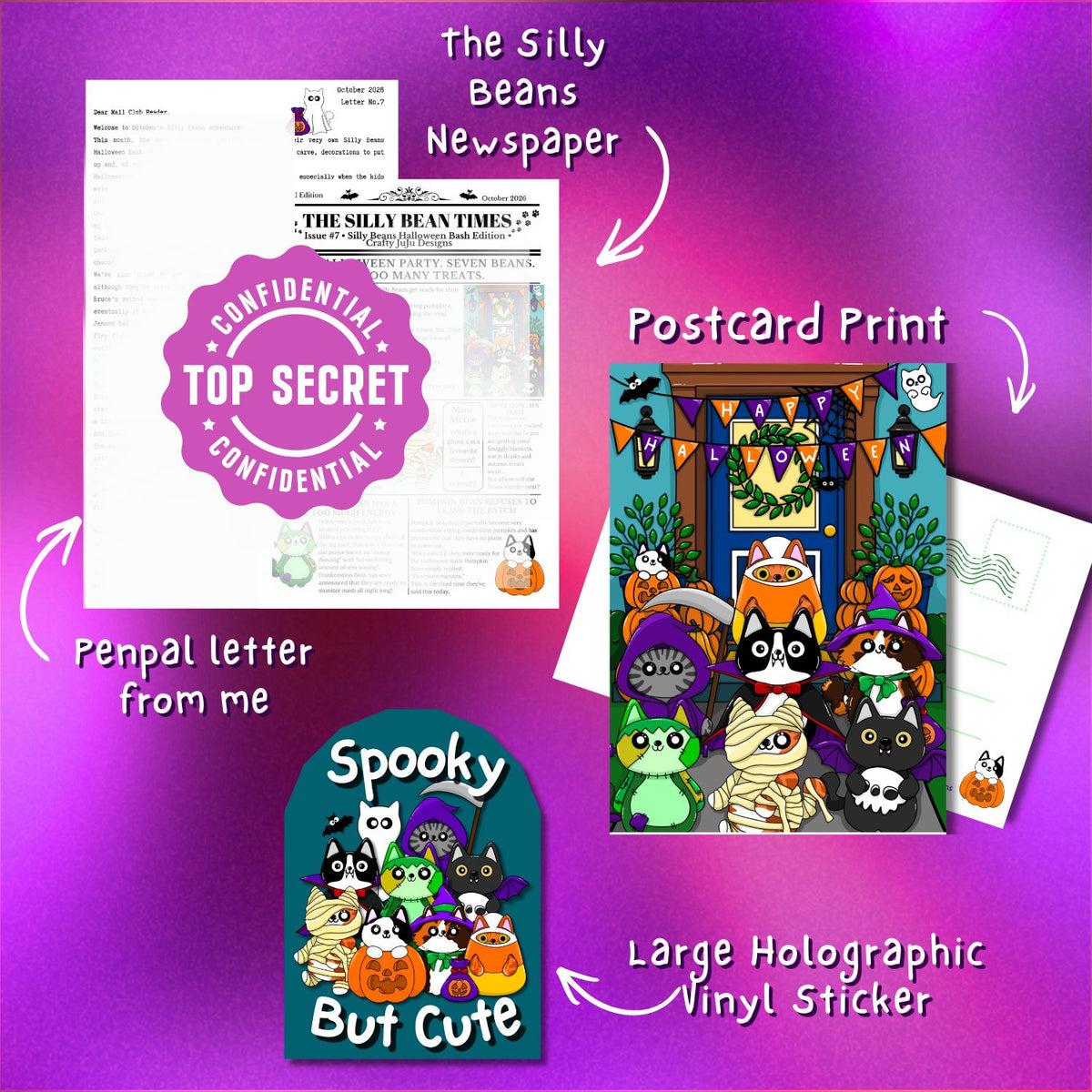 pen pal letter from me, newspaper about the beans antics and holographic large sticker with the cats all dressed up for Halloween and the words around them - spooky but cute