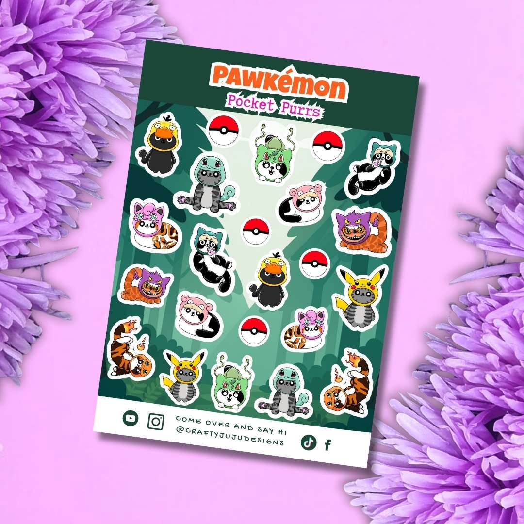 A sheet of Pawkmón Pocket Pets stickers displayed on a pink background with purple flowers. The sticker sheet features various cute pet characters and Pokémon Pokéballs, with the brand name 'PAWkómon' prominently displayed at the top.