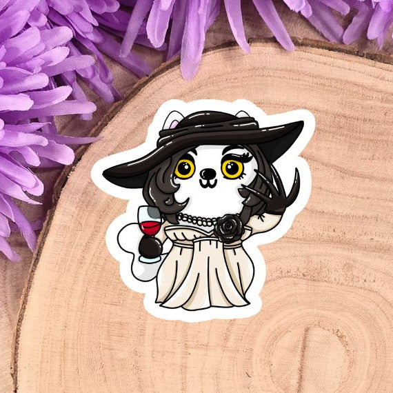 Sticker of a cartoon character on a wooden log with purple flowers in the background