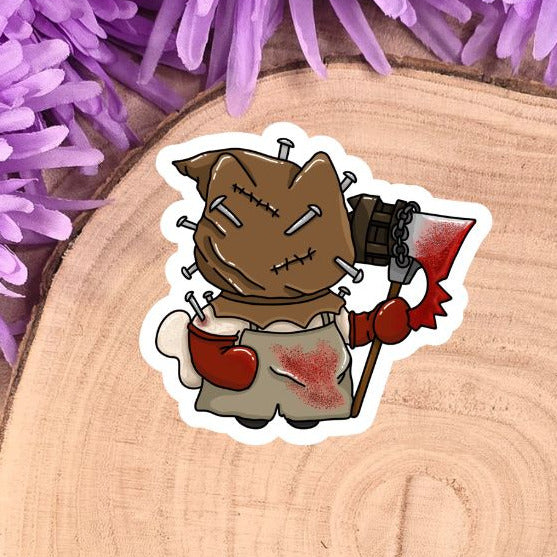 Sticker of a cartoon character on a wooden log with purple flowers in the background
