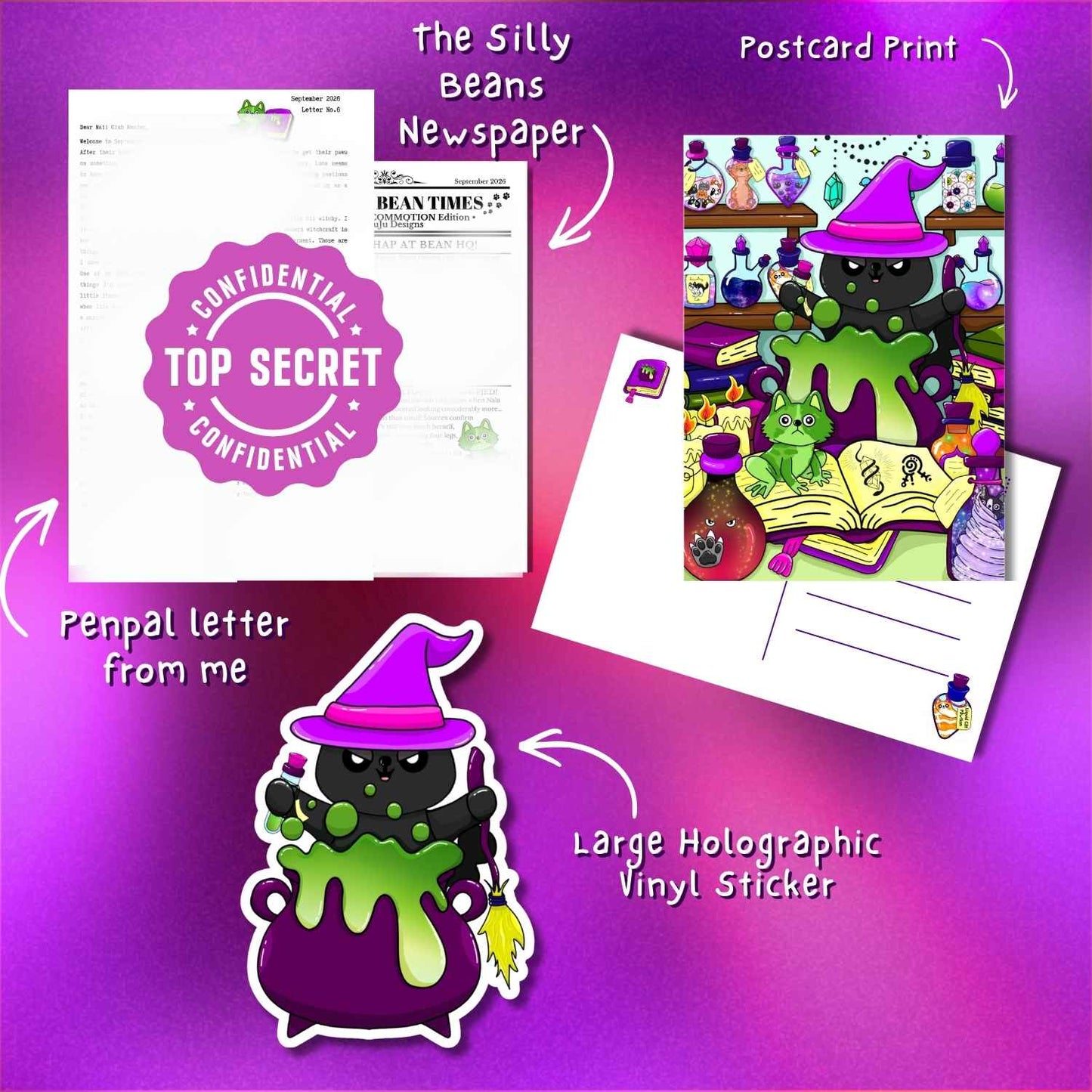 A collage showing a Halloween-themed stationery set on a purple gradient background. The set includes a postcard print with a green cauldron character, a white letterhead card labeled 'The Silly Beans Newspaper' with a pink 'Top Secret' seal, a 'Pepal letter from me' sticker, and a large holographic vinyl sticker of the cauldron character.