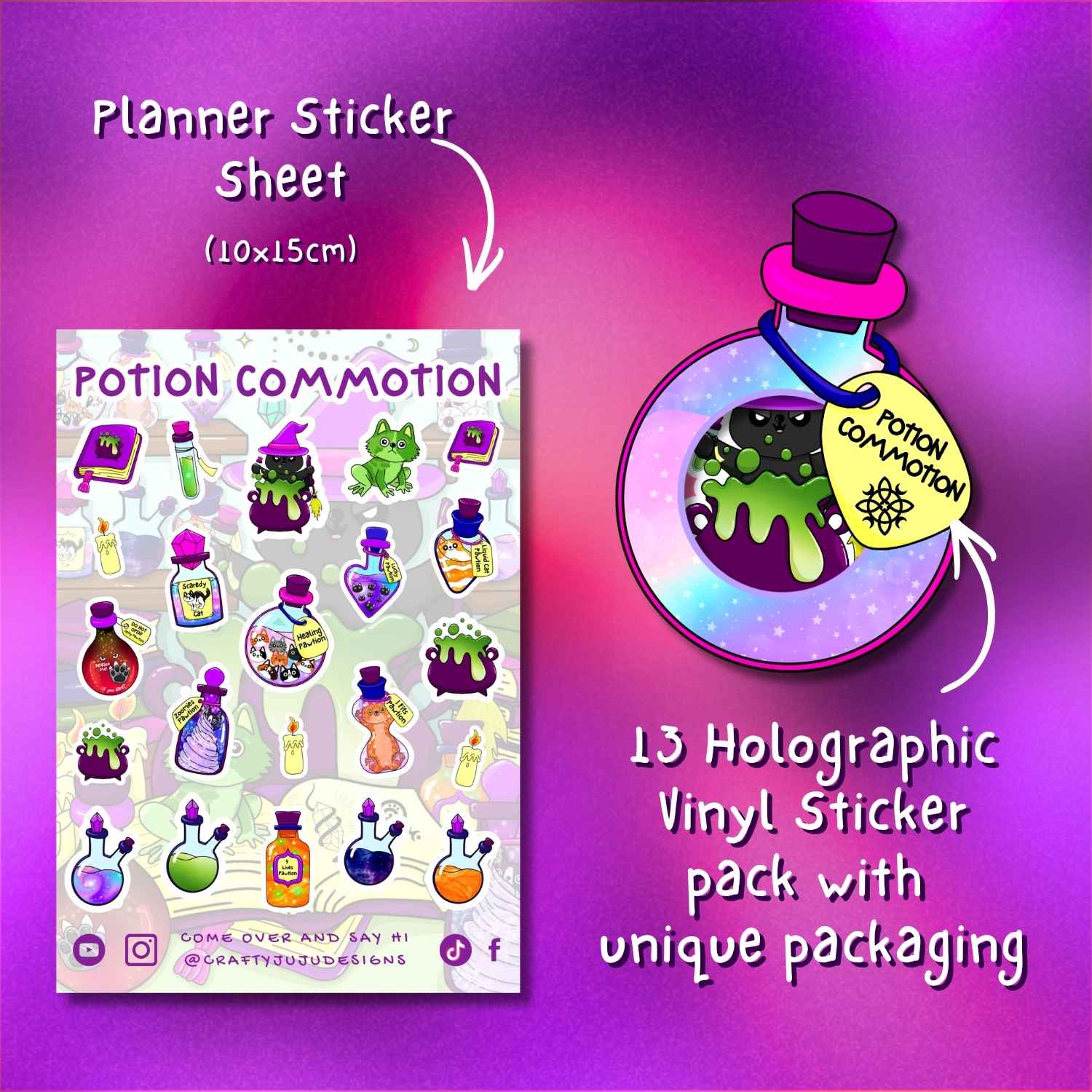 A promotional graphic for a 'Potion Commotion' planner sticker sheet and pack. The left side shows a sticker sheet with 13 colorful, holographic potion and alchemy stickers, labeled 'Planner Sticker Sheet (10x15cm)'.