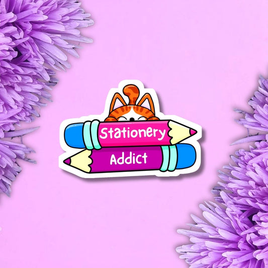 A die-cut sticker featuring a cartoon orange cat peeking over two colorful pencils with the words 'Stationery Addict' on a pink background, framed by purple flowers in the corners.