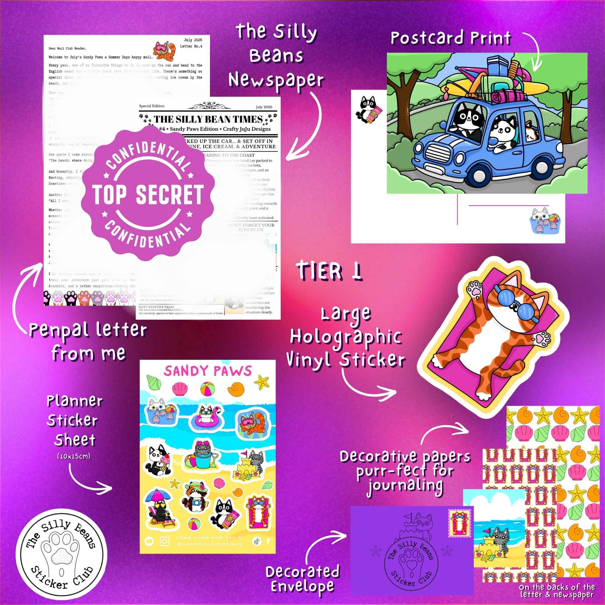Collection of stationery items including a newspaper, postcard, envelope, stickers, and planner sheets on a purple background.