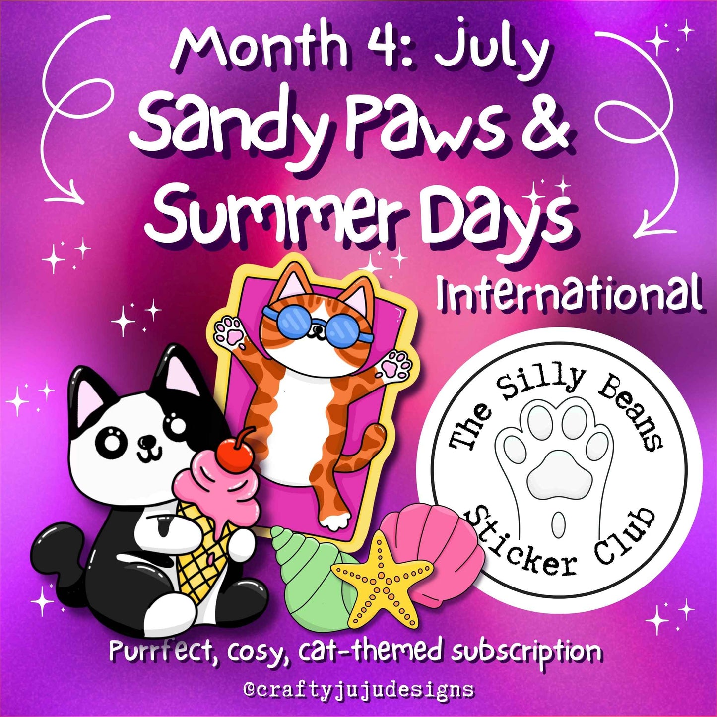 Promotional graphic for 'Sandy Paws & Summer Days' sticker subscription with cartoon cats on a purple background.