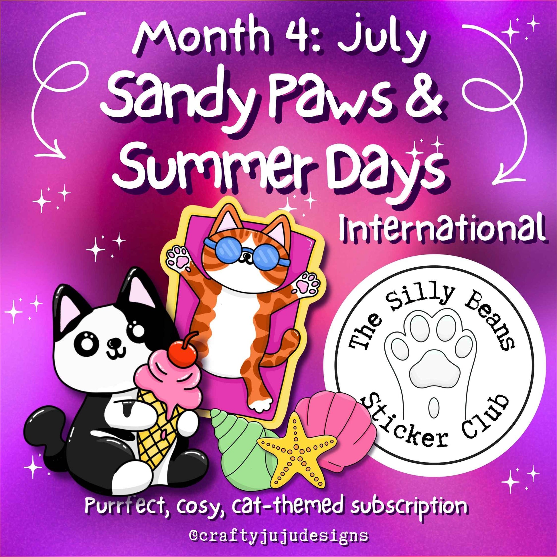 Promotional graphic for 'Sandy Paws & Summer Days' sticker subscription with cartoon cats on a purple background.